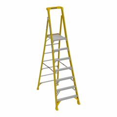 WERNER Platform Stepladder: 7 ft Ladder Size, Fiberglass, 375 lb Load Capacity, 38 lb Wt (MPN PD7307). Key specifications — Brand: WERNER; Included Features: Guard Rail.