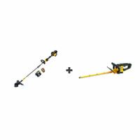 DEWALT String Trimmer Kit: 20V MAX*, Trimmer and Hedge Trimmer, 15 in String Trimmer Cutting Wd (MPN DCST970X1S/DCHT821B). Key specifications — Battery Capacity: 9.0 Ah; Combo Type: Trimmer and Hedge Trimmer.