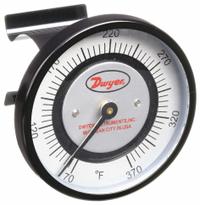 DWYER Clip Pipe Mount Dial Thermometer: 70°F to 370°F, +/- 2% Accuracy, 2 in Dial Dia (MPN STC161). Key specifications — Accuracy: +/- 2%; Brand: DWYER.