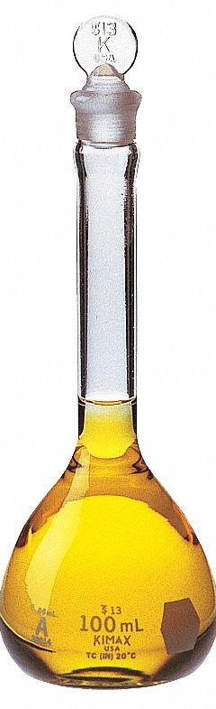 KIMBLE Volumetric Flask: 100 mL, Colorless, Conical, A, +/-0.08 mL, Includes Closure (MPN 28014-100). Key specifications — Shape: Conical; Tolerance: +/-0.08 mL; Body Color: Colorless; Brand: KIMBLE; Compatible with Stopper Size: 13; USP Specification: Type I.
