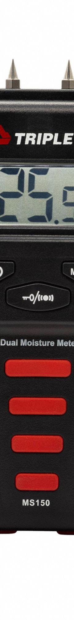 TRIPLETT Moisture Meter: Digital, LCD, Pin/Pinless, Protective Cap/Repl Pins, Wood, Impact Pin Probe (MPN MS150). Key specifications — attr999354: Digital; attr1009284: Impact Pin; attr999347: Wood; attr999350: LCD; attr999383: ±3% (Pin Type Mode); attr999345: TRIPLETT.