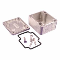 HAMMOND Enclosure: Die-Cast Aluminum, 2 in x 2 in x 1 in, NEMA 1/12/13/4/4X, Solid Cover, Screw On (MPN 1550Z104). Key specifications — Brand: HAMMOND; Closure Method: Screws; Enclosure Material: Die-Cast Aluminum; Knockouts: Not Included.