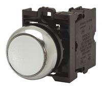 EATON Illuminated Push Button: Illuminated, Flush Profile, Non-Metallic, 22 mm, 1NO (MPN M22-DL-W-K10-230W). Key specifications — Brand: EATON; Action: Momentary; Series: M22; Push Button Material Type: Non-Metallic.