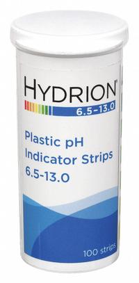 HYDRION pH Test Strips: 6.5 pH to 13 pH, 0.5 pH Resolution, 2 3/4 in Overall Lg, 1/4 in Overall Wd (MPN 9600). Key specifications — pH Resolution: 0.5 pH; Brand: HYDRION.