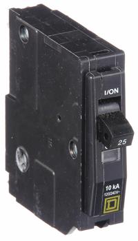 SQUARE D Miniature Circuit Breaker: 25 A, 120/240V AC, Single Phase, 10kA at 120/240V AC, 1 Poles (MPN QO125). Key specifications — Phase: Single; Amps: 25 A; AC Voltage Rating: 120/240V AC; Max. AIR Rating: 10kA at 120/240V AC; For Use With: QO Load Centers and NQ Panelboards; Brand: SQUARE D.