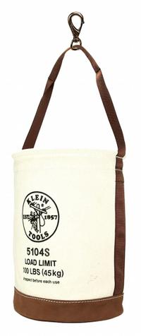 KLEIN TOOLS Bucket Bag: 17 in H, Off-White, Canvas, 1 Pockets, Open Top (MPN 5104S). Key specifications — attr1118525: KLEIN TOOLS; attr1125037: Off-White; attr1118507: Single Handle With Snap Hook; attr1125041: Canvas; attr1203718: Yes.