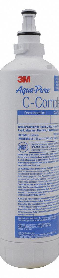 3M AQUA-PURE Quick-Connect Water Filter: 0.5 micron Micron Rating, 750 gal Service Life - Gallons (MPN 5618044). Key specifications — Filter Media: Activated Carbon; Reduces: Mercury.