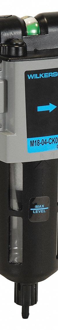WILKERSON Compressed Air Filter: Coalescing, 3/8 in NPT, 0.5 micron, 85 cfm, 150 psi Max Op Pressure (MPN M18-03-BK00B). Key specifications — attr110055: M18; attr110008: WILKERSON.