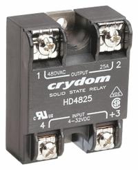 CRYDOM Solid State Relay: Surface Mounted, 25 A Max Output Current, SCR, AC Output (MPN HD4825). Key specifications — Brand: CRYDOM; Current Type: AC; Electrical Connection: Screw Clamp; Finger Safe: No; Input Current: 12 mA; Maximum Output Current without Heat Sink: 12 A; Mounting Style: Panel; Output Voltage: 48 to 530V AC.