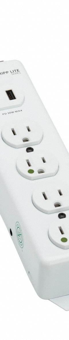 TRIPP LITE Outlet Strip: 4 Outlets, 15 ft Cord Lg, 5 A Current, UL 1363A, White, 5-15P, 2 1/2 in Wd (MPN PS-415-HGUSB). Key specifications — Brand: TRIPP LITE; Mounting Style: Keyhole.
