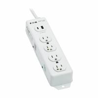 TRIPP LITE Outlet Strip: 4 Outlets, 15 ft Cord Lg, 5 A Current, UL 1363A, White, 5-15P, 2 1/2 in Wd (MPN PS-415-HGUSB). Key specifications — Brand: TRIPP LITE; Mounting Style: Keyhole.