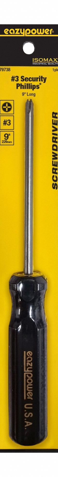 EAZYPOWER Screwdriver: Security Phillips Series, Steel, #3 Tip Size, 5 in Shank Lg, 9 in Overall Lg (MPN 79738). Key specifications — attr1205107: #3; attr1205112: EAZYPOWER.