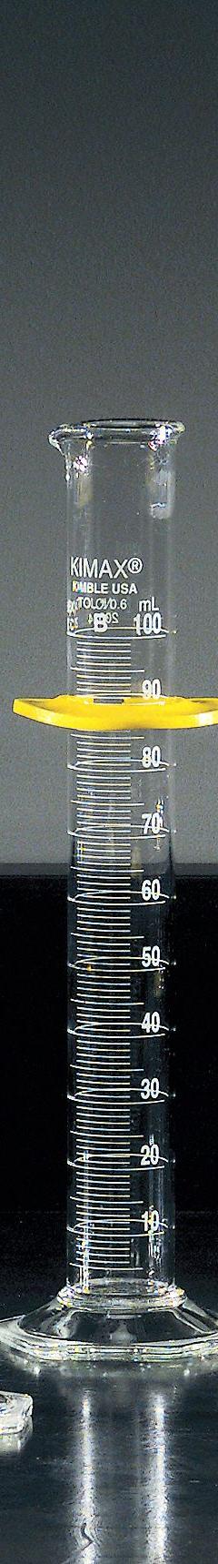 KIMBLE Graduated Cylinder: 100 mL, B, To Deliver (TD), 1 mL Graduation Increments - mL (MPN 20024-100). Key specifications — ASTM Specification: E1272; Brand: KIMBLE; USP Specification: Type I; Closure Included: No; Includes: Single Metric Scale.