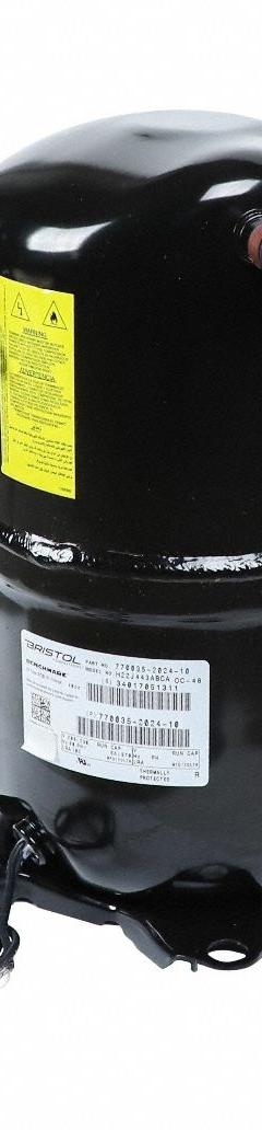BRISTOL Compressor: Reciprocating, 44,300 BtuH Cooling, 4 hp, 1/2 in Discharge Line Connection Size (MPN H22J443ABCAP). Key specifications — Manufacturer Part Number: H22J443ABCAP; Brand: BRISTOL; Compressor Protection: Hermetic; For Refrigerant Type: R-407C.
