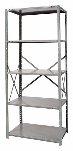 HALLOWELL Metal Shelving: Standalone, Medium-Duty, 36 in x 24 in, 84 in Overall Ht, 5 Shelves (MPN F4510-24HG). Key specifications — Frame Material: Steel; Shelving Material: Steel; Assembled: Unassembled; Color: Gray; Brand: HALLOWELL.