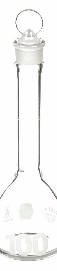 KIMBLE Volumetric Flask: 100 mL, Colorless, Conical, A, +/-0.10 mL, Includes Closure (MPN 92812G-100). Key specifications — Shape: Conical; Tolerance: +/-0.10 mL; Body Color: Colorless; Brand: KIMBLE; Compatible with Stopper Size: 16; USP Specification: Type I.