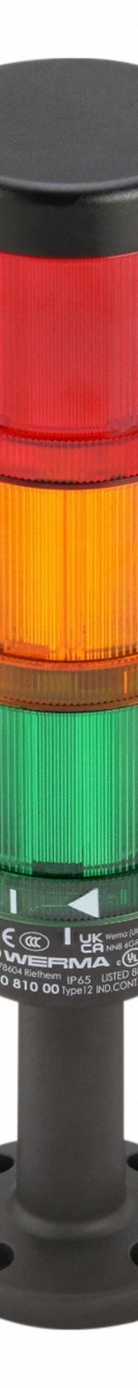 WERMA Tower Light Assembly: 3 Tier, Green/Red/Yellow, No Sounder Tier, 212 mm Overall Ht, 64900002. Key specifications — Manufacturer Part Number: 64900002; Brand: WERMA; Operating Voltage: 24V AC/DC; Light Tier Color: Yellow.