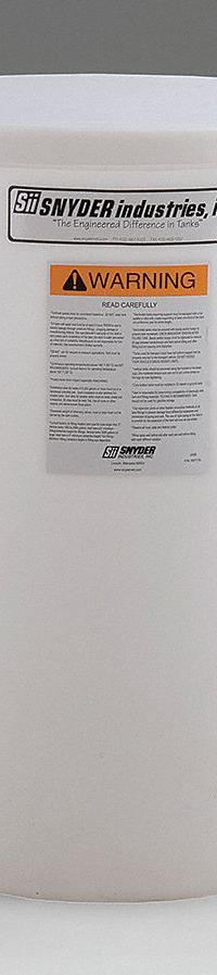 SNYDER INDUSTRIES Storage Tank: Single Wall, Vertical, 55 gal, Open Top, 3/16 in Wall Thick, HDPE (MPN 5680000N97207). Key specifications — Construction Material: HDPE; Brand: SNYDER INDUSTRIES.