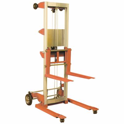 WESCO Winch Lift: 500 lb, 22 1/2 in L x 4 in W Fork, 43 in L x 29 in W x 68 in H Overall Dim - Straddle Stackers