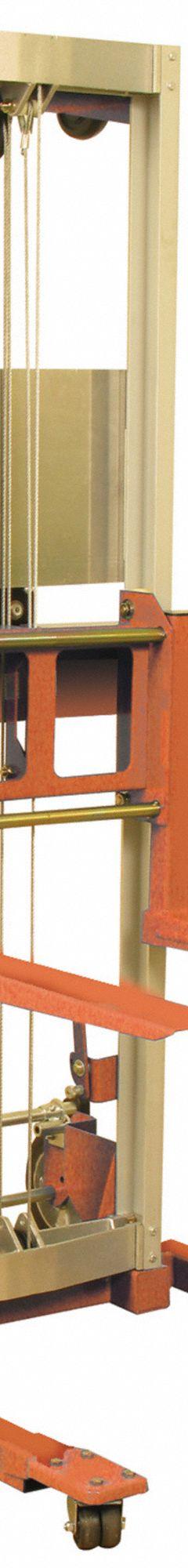 WESCO Winch Lift: 500 lb, 22 1/2 in L x 4 in W Fork, 43 in L x 29 in W x 68 in H Overall Dim, Cable (MPN 273514). Key specifications — Width Across Forks: 4 in; Brand: WESCO.