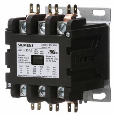 Siemens Definite Purpose Contactor: 3 Poles, 24V AC, 50 A, Non-Reversing - Non-Reversing Definite Purpose Contactors