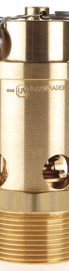 CONRADER Safety Valve: Soft Seat, 1 1/4 in (M)NPT Inlet (In.), 100 psi Preset Setting (PSI), Brass (MPN SRV765-114-100). Key specifications — attr291993: Soft Seat; attr291998: Brass; attr292007: Silicone; attr292009: Brass; attr294753: CONRADER.