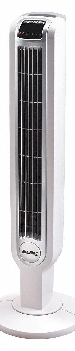 AIR KING Freestanding Fan: 3 1/2 in Blade Dia, 36 in Ht, 3 Speeds, Oscillating, Plastic, Plug-In (MPN 9210). Key specifications — Brand: AIR KING; Number of Speeds: 3; Guard Material: Plastic; Voltage: 120V AC; Oscillation: Oscillating; Includes Remote Control: Yes; Application: Home and Office; Power Source: Plug-In.