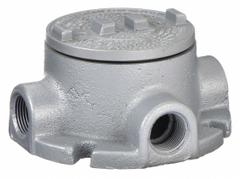 Conduit Outlet Body: Iron, GRF, 3/4 in Trade Size, X Body, 18 cu in Body Capacity (MPN GRFX75). Key specifications — Series: For Standard Body; Compatible Conduit Trade Size: 3/4 in; Thread Gender: Female; Hub Style: Threaded; Cover Included: Yes; Body Style: X; Connection Type: Threaded; Back Type: Flat.