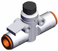 SMC Speed Controller: In-Line Fitting, Knob, 1/4 in Valve Body Size, 5/16 in Push to Connect Tube (MPN AS2052F-09A). Key specifications — attr947203: Brass/PBT; attr947205: SMC.