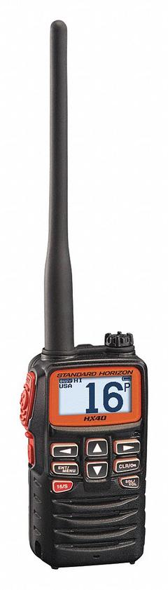 STANDARD HORIZON Handheld Two Way Radios: VHF, Analog, 6 W, 1,065 Channels, Alphanumeric, IPX7, HX40. Key specifications — Product Type: Handheld Two Way Radios; Features: 3 yr Waterproof Warranty; Bluetooth: No; IP Rating: IPX7; Manufacturer Part Number: HX40; Brand: STANDARD HORIZON; Standards: FCC; Radio Transmission: Analog.