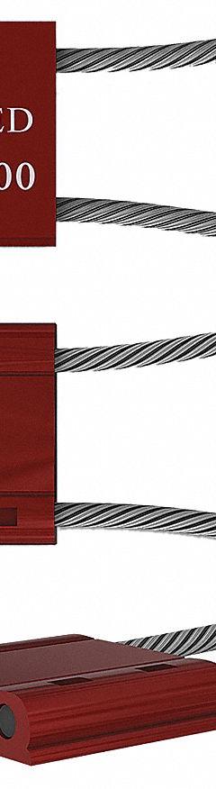 UNIVERSEAL Cable Seals: Red, Steel, 12 in Cable Lg, 3/16 in Cable Dia, Sequential, 50 PK (MPN F500M RED50). Key specifications — Brand: UNIVERSEAL; Marking Color: White; Marking Included: Numbers and Barcode; Marking Message: Sealed; Marking Numbering: Sequential.