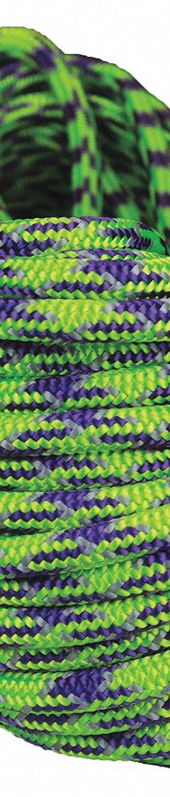MARDI GRAS Rigging and Climbing Rope: Double Braid, 15/32 in Dia, 600 lb Working Load Limit, Green (MPN AG24SP118-120PGG). Key specifications — Brand: MARDI GRAS; Rope Type: Dynamic; Third Color: Purple.