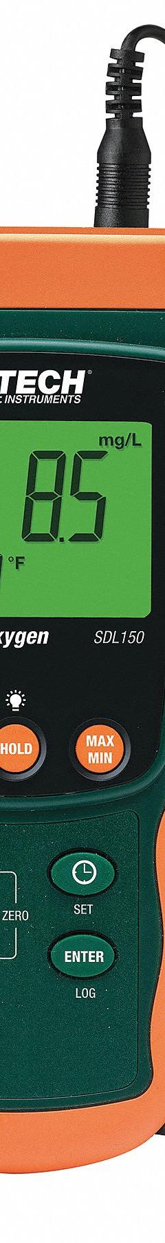 EXTECH Dissolved Oxygen Meter: Dissolved Oxygen/Temp, 100% DO Concentration - Max, ±0.7% DO Accuracy (MPN SDL150). Key specifications — Includes: Carrying Case; DO Accuracy: ±0.7%; Temp Accuracy: ±0.8°C; Brand: EXTECH; DO Resolution: 0.1%.