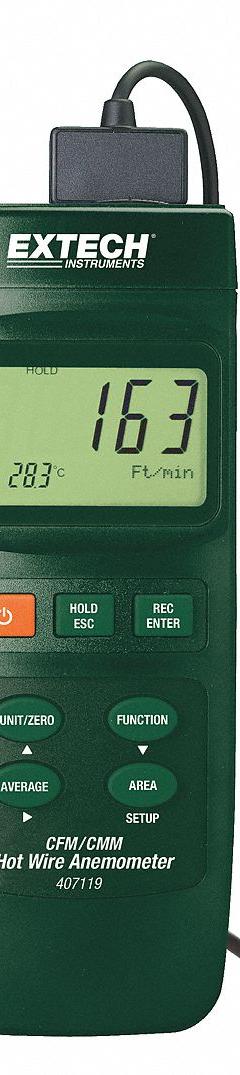 EXTECH Anemometer: 1 fpm Air Velocity Resolution, CFM, Hot Wire, Air Velocity/Temp, Under 100 fpm (MPN 407119). Key specifications — Data Logging: Yes; Manufacturer Part Number: 407119; Brand: EXTECH; Temperature Accuracy: +/-1.5°F; Digital Display Screen Type: LCD; Display Type: Digital; Includes: Telescoping Probe; Power Source: Battery.