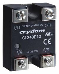 CRYDOM Solid State Relay: Surface Mounted, 5 A Max Output Current, Triac, AC Output (MPN CL240A05R). Key specifications — Brand: CRYDOM; Current Type: AC; Electrical Connection: Screw Clamp; Finger Safe: No; Maximum Output Current without Heat Sink: 2.9 A; Mounting Style: Panel; Output Voltage: 24 to 280V AC; Switch Configuration: Form A.