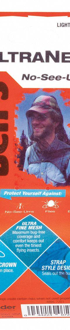BEN'S Outdoor Head Net: Prevents Mosquitoes, Nylon Mesh, Brown, Fits Head Over, Under-Arm Strap (MPN 0006-7201). Key specifications — Protects Against: Mosquitoes; Strap Type: Under-Arm Strap; Fits Over: Head; Material: Nylon Mesh; Color: Brown; Brand: BEN'S.