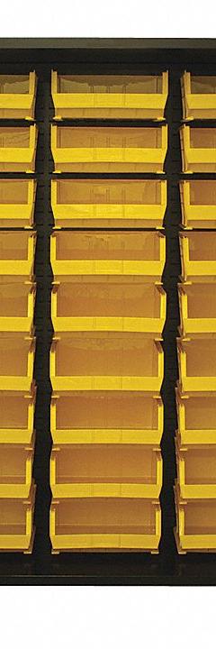 JAMCO Bin Cabinet: 60 in x 24 in 78 in, 0 Shelves, 187 Bins, Yellow, Flush, 14 ga Panel, Black, Bins (MPN DP260BL). Key specifications — Bin Color: Yellow; Bin HxWxD: (160) 3 in x 4-1/8 in x 7-1/2 in; Assembled: Assembled; Cabinet Style: Shelf and Bin; Brand: JAMCO; Cabinet Color: Black; Cabinet Finish: Powder Coated; Cabinet Material: Steel.