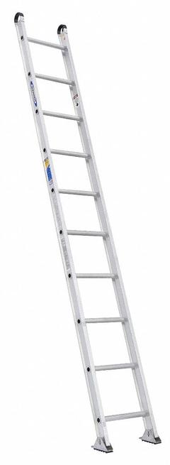 WERNER Straight Ladder: 10 ft Ladder Size, Aluminum, 375 lb Load Capacity, 20 lb Wt, 10 Rungs (MPN 510-1). Key specifications — Color: Silver; Brand: WERNER; Included Features: Hoop End Caps; Shoe Type: Slip-Resistant.