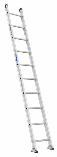 WERNER Straight Ladder: 10 ft Ladder Size, Aluminum, 375 lb Load Capacity, 20 lb Wt, 10 Rungs (MPN 510-1). Key specifications — Color: Silver; Brand: WERNER; Included Features: Hoop End Caps; Shoe Type: Slip-Resistant.