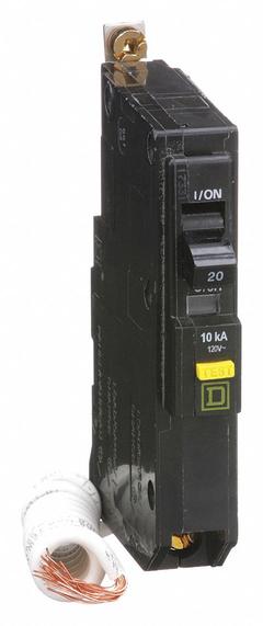 SQUARE D Miniature Circuit Breaker: 20 A, 120V AC, Single Phase, 10kA at 120V AC, 1 Poles (MPN QOB120GFI). Key specifications — Phase: Single; Amps: 20 A; AC Voltage Rating: 120V AC; Max. AIR Rating: 10kA at 120V AC; For Use With: QO Load Centers and NQ Panelboards; Brand: SQUARE D.
