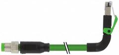 MURRELEKTRONIK Cordset: Cat5, M8 Male Straight x RJ45 Male Right Angle, 1.5 m Lg, PUR, Green (MPN 7000-89737-7910150). Key specifications — Brand: MURRELEKTRONIK; Cable Jacket Color: Green; End 1 Coding: A; IP Rating: IP67; Performance Category: Cat5.