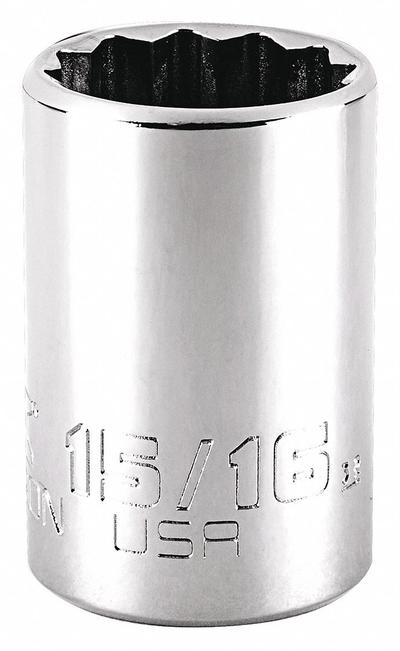 PROTO Socket: SAE, 1/2 in Drive Size, 15/16 in Socket Size, 12-Point, Std, Chrome - 1/2" Drive Hand Sockets