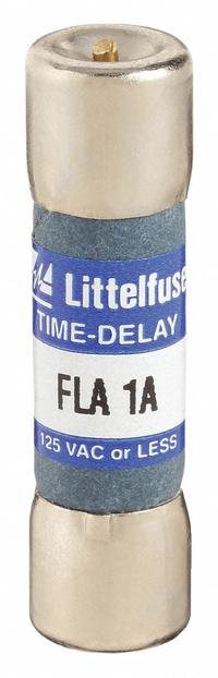 LITTELFUSE Fuse: FLA Series, Midget, Time-Delay, 1 A, 125 V AC, 13/32 in x 1 1/2 in, Indicating (MPN FLA001). Key specifications — Series: FLA; Brand: LITTELFUSE.