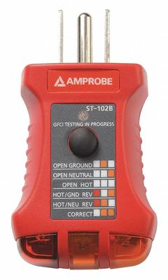 AMPROBE Receptacle Tester with GFCI: 110 V AC to 125 V AC, 5-15P, GFCI/Std, Light, No Display (MPN ST-102B). Key specifications — Brand: AMPROBE; CAT Safety Rating: Not Rated.