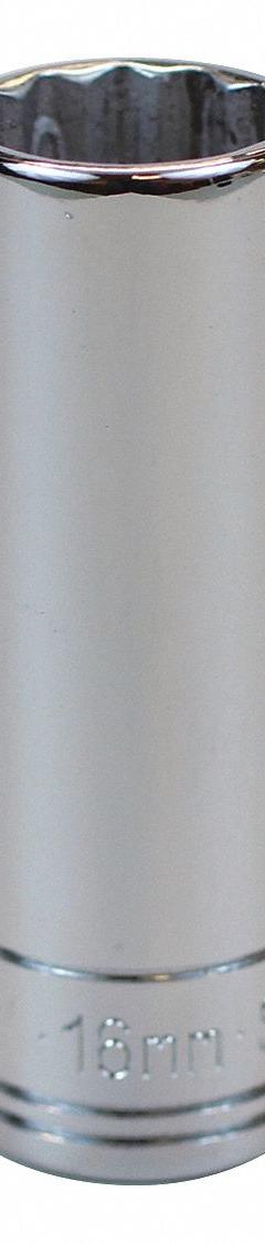 SK PROFESSIONAL TOOLS Socket: Metric, 3/8 in Drive Size, 16 mm Socket Size, 12-Point, Deep, Chrome (MPN 8436). Key specifications — attr1204417: SK PROFESSIONAL TOOLS; attr1204392: Chrome.
