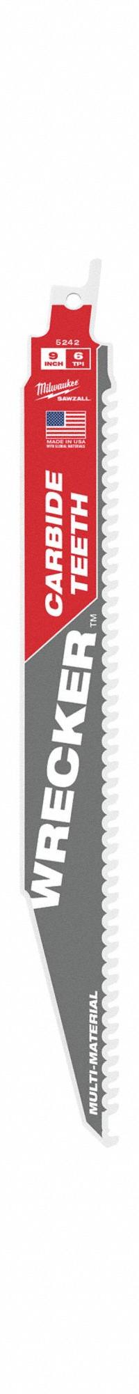 MILWAUKEE Reciprocating Saw Blade: 6 Teeth per Inch, 9 in Blade Lg, 0.05 in Blade Thick, 5 PK (MPN 48-00-5542). Key specifications — attr1109198: 6; attr1109200: Rigid for Straight Cuts; attr1109201: Tapered; attr1109209: MILWAUKEE.