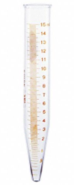 KIMBLE Centrifuge Tube: 15 mL, Centrifuge Tube, 17 mm Body Dia, 136 mm Overall Ht, Colorless, Glass (MPN 45153-15). Key specifications — Graduated: Yes; Includes Closure: Yes; Body Color: Colorless; Brand: KIMBLE; Bottom Shape: Conical.