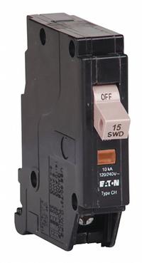 EATON Circuit Breaker: 15 A, 120/240V AC, Single Phase, 10kA at 120/240V AC, Type CH Loadcenters (MPN CHF115). Key specifications — attr195951: 15 A; attr195952: 120/240V AC; attr195953: Single; attr195954: 10kA at 120/240V AC; attr195958: Standard; attr195955: Type CH Loadcenters; attr211136: EATON.