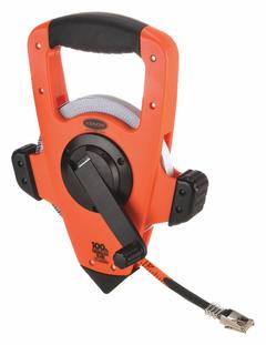 KESON Long Tape Measure: Assisted, OTRS10100H, SAE/Engineers Scale, 100 ft, 1/100 ft, Plastic, Auto. Key specifications — attr939846: OTRS10100H; attr939849: Fiberglass; attr939859: Nonmagnetic Single Hook; attr939850: Single-Sided; attr939855: 1/100 ft; attr944023: Hook End; attr940484: KESON; attr985224: Plastic.