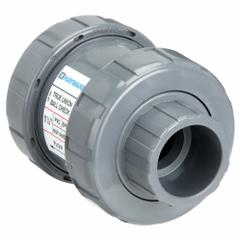 HAYWARD Check Valve: Ball, Inline Valve Body, PVC, 1 1/4 in Pipe Size, True Union Socket/NPT, Std (MPN TC10125STE). Key specifications — Ball Material: PVC; Brand: HAYWARD.